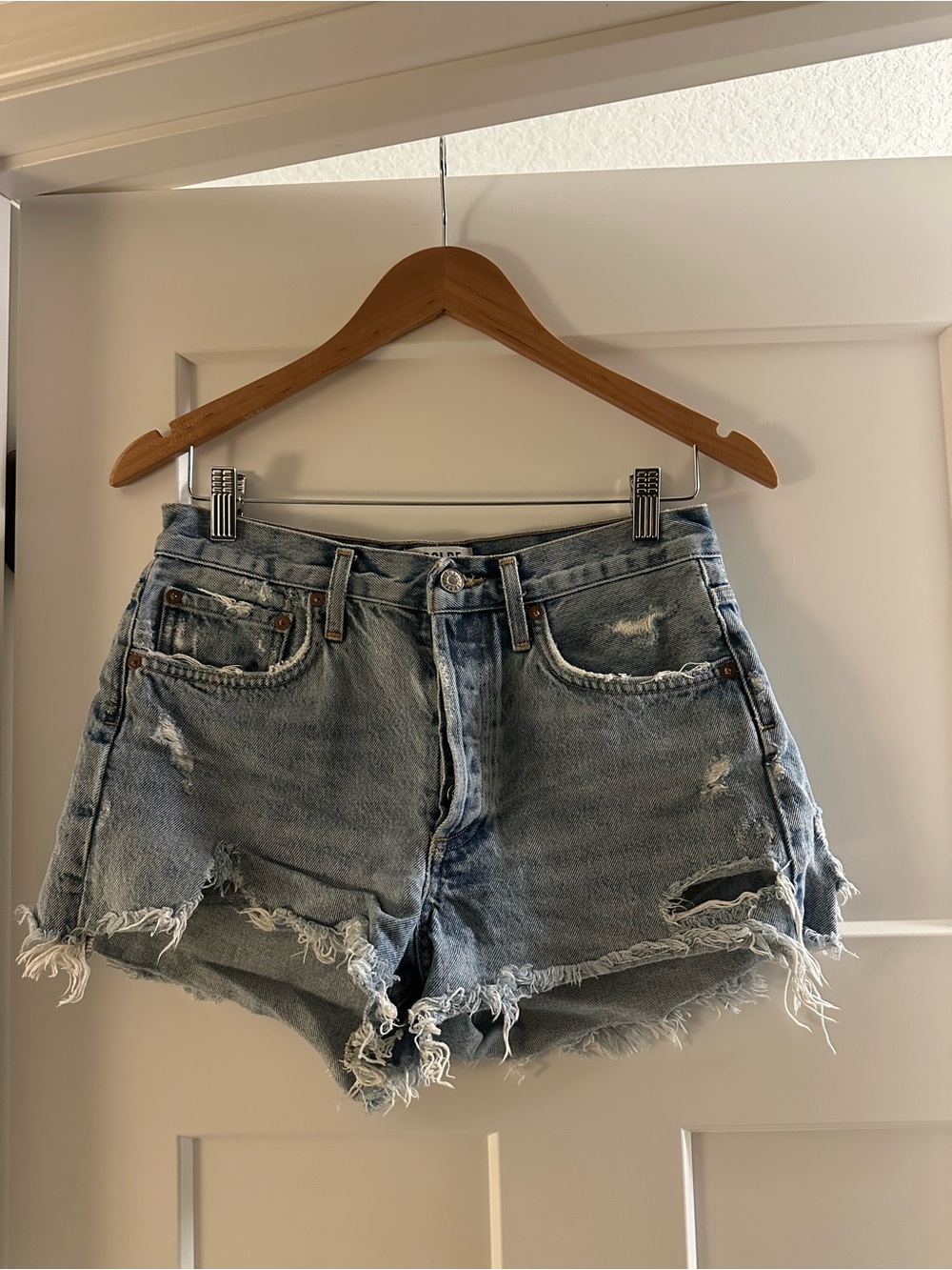 Agolde Light Blue Distressed Denim Jean Shorts